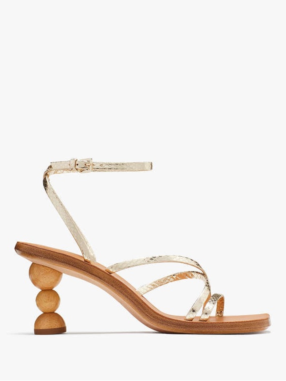 Kate Spade Gold Strappy Ankle-Wrap Sandal with Sculpted Wooden Heel Sz 7.5